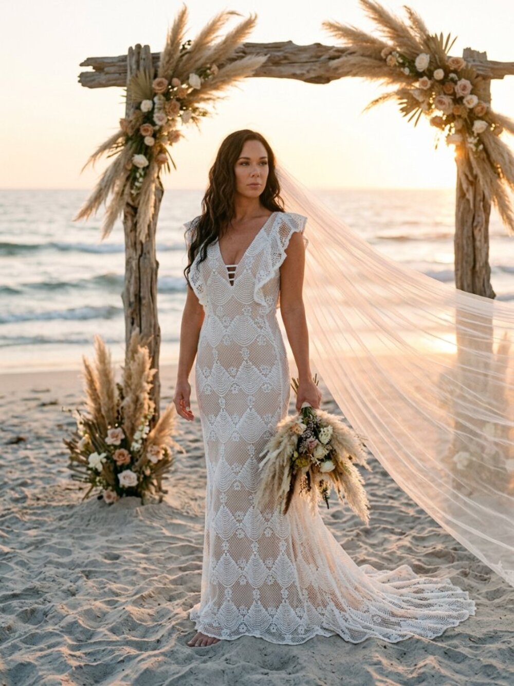 Aqua Cream Lace Wedding Gown with Ruffled Cap Sleeves